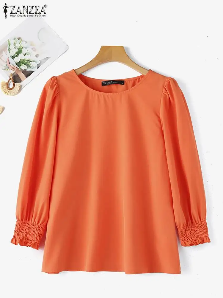 ZANZEA 2024 Summer Streetwear Blouse Solid Women Puff 3/4 Sleeve Blusa Fashion Pleating Elegant Round Neck Shirt Casual Y2k Tops