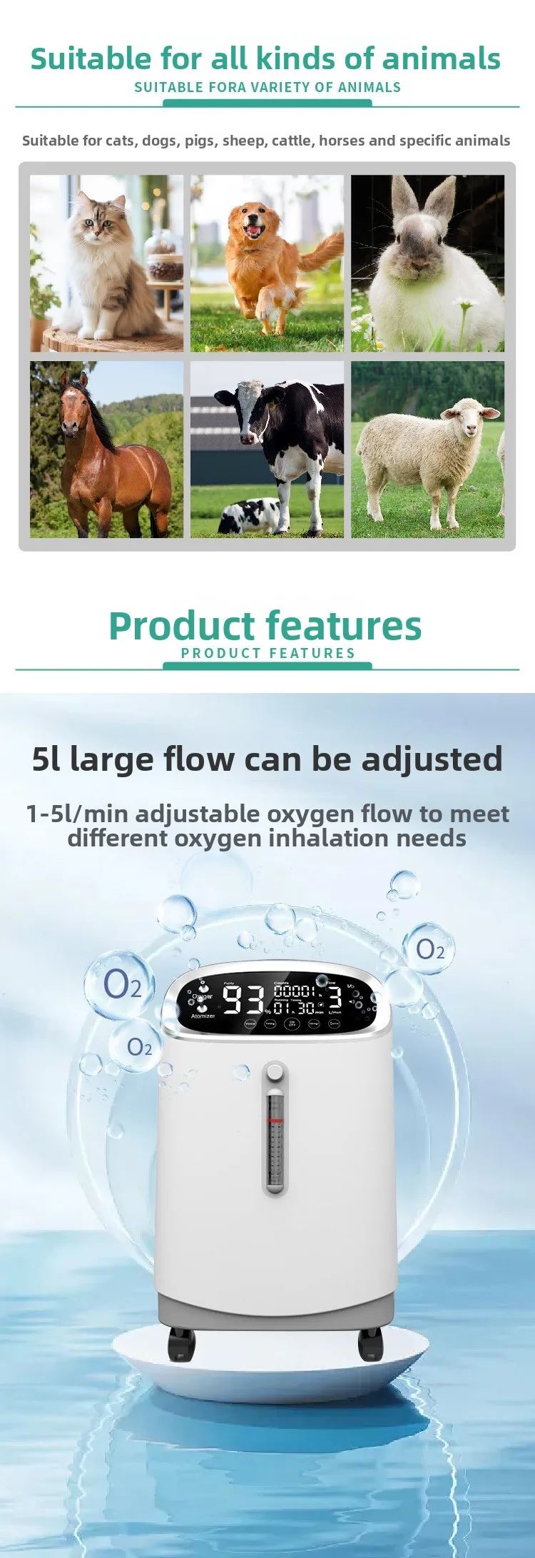 Upgrade 5L Reusable Veterinary Instrument Pet Healthcare Medical Oxygen Concentrator Machine For Dog Care