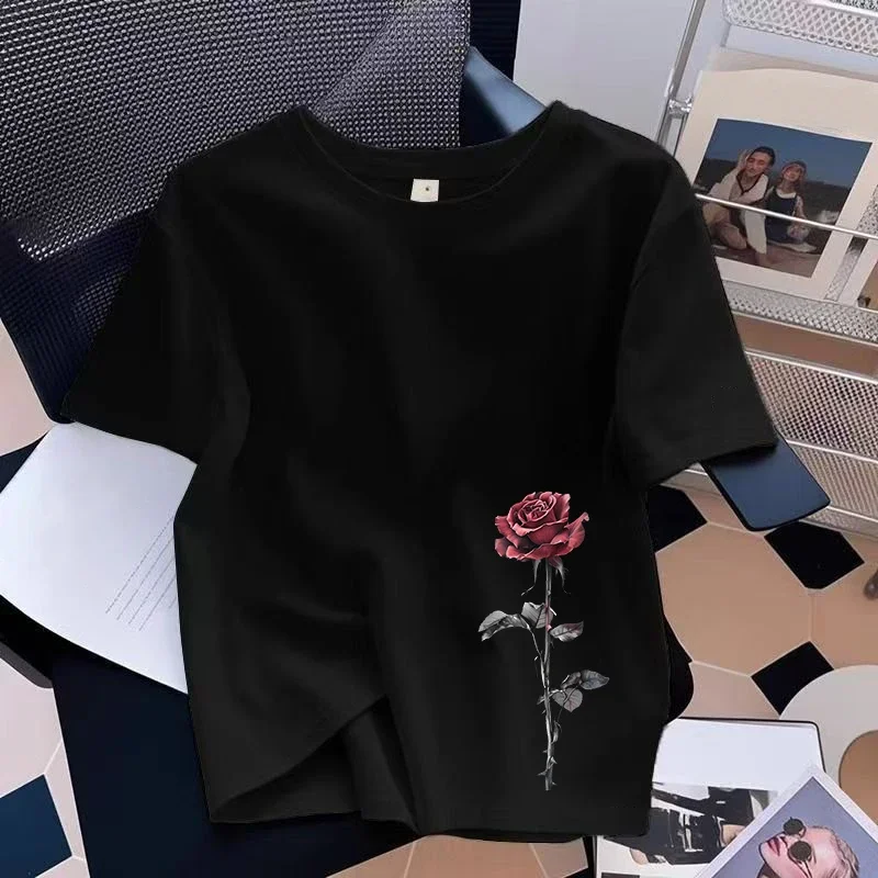 2026 Summer New Oversize Tees Tops Womens T-shirts Rose Print Cotton Casual O-Neck Short Sleeve Outdoor Home Comfort Soft Tshirt