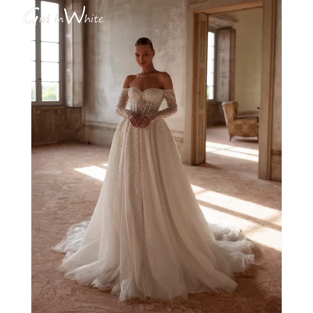 

A-line White Pearls Sequins Beaded Mesh Fabric robes de soirée Off Shoulder Customized Long Sleeves Wedding Dress Bridal Gown