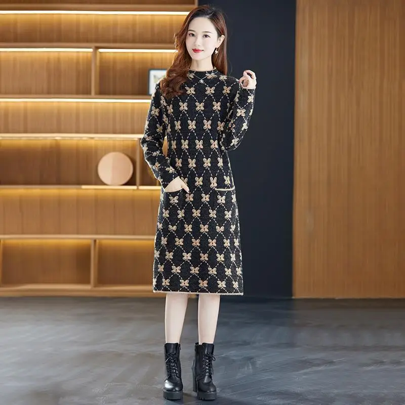 Women Thick High Quaity False Mink Velvet Knit Dress 2023 New Autumn Winter Clothes Korean Half High Collar Warm Female Sweater