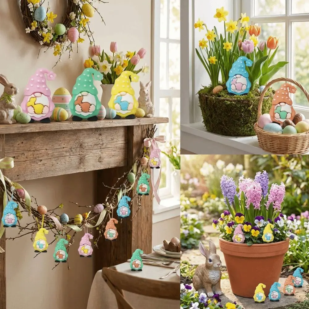 5Pcs PVC Easter Gnome Figurines Basket Fillers Realistic Mini Bunny Ornament Simulated Handicraft Dwarf Statues Egg Hunt