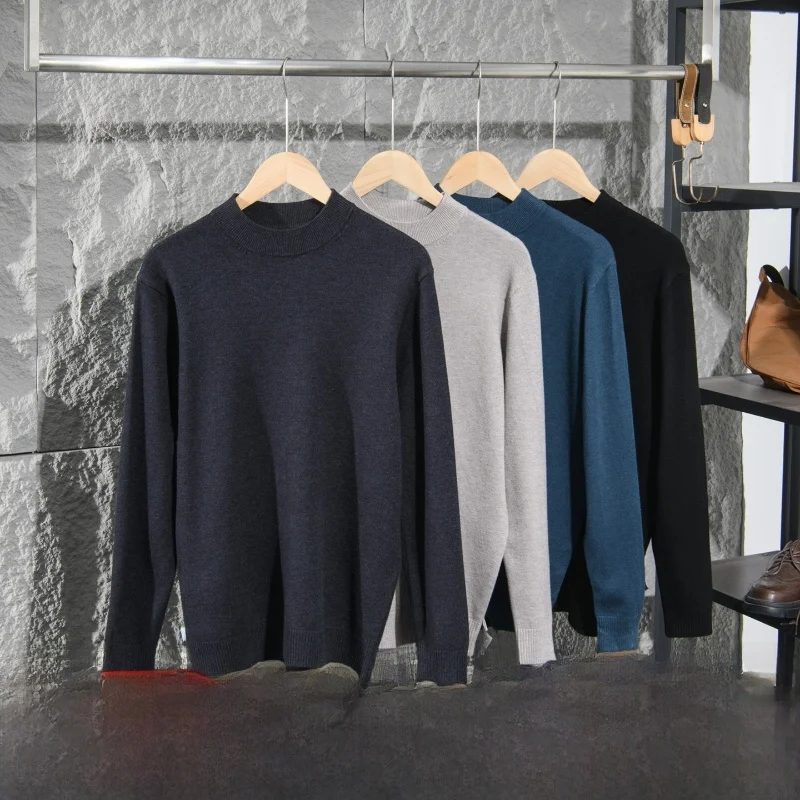 

Высококачественный мужской повседневный вязаный свитер с воротником-стойкой, эластичный, удобный, из полиэфирного волокна, с длинными рукавами, дышащий пуловер