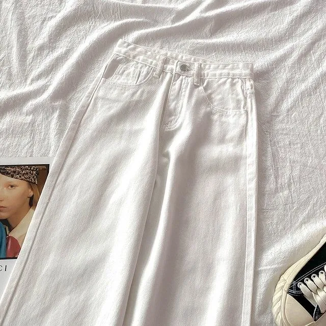 Jeans a taglio dritto a gamba larga a vita alta Primavera da donna Nuovo Sle dimagrante Versione coreana Pantaloni in denim bianco Pantaloni lunghi drappeggiati