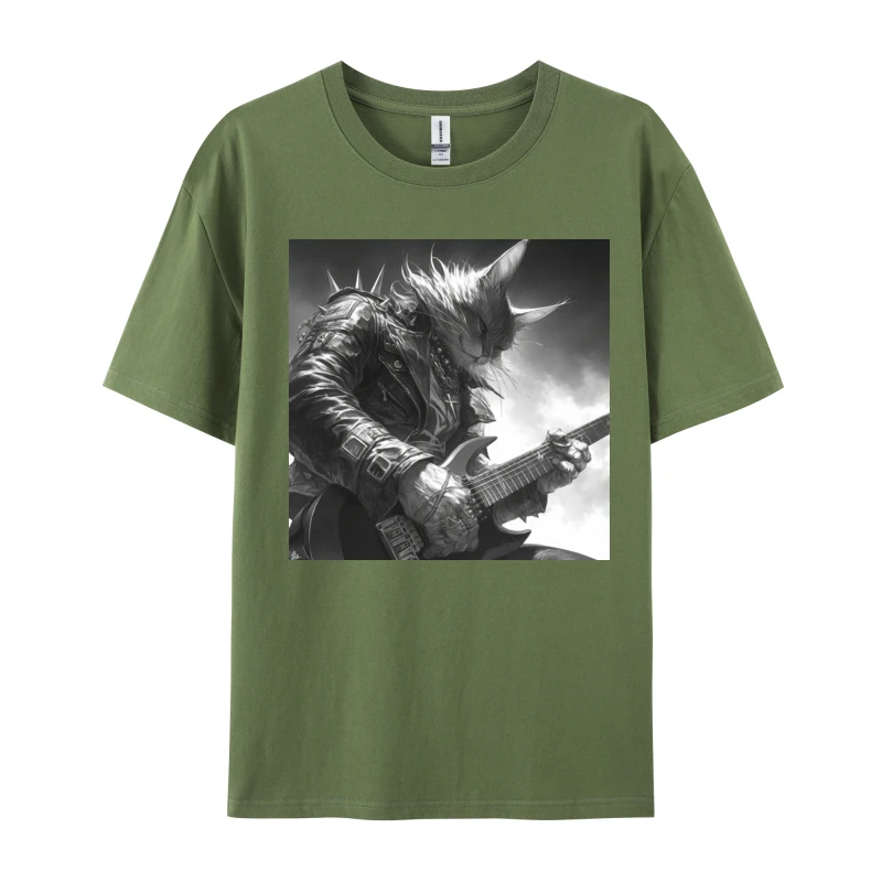 Cat Playing Guitar T-Shirt Heavy Rock Metal Thanksgiving Day Pure Cotton O-Neck Men T Shirt Harajuku Designer Clothes Men