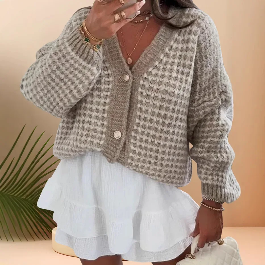 

Y2k Streetwear Elegant Splice Knit Casual Loose Autumn Winter Women Coats Cardigan Sweaters Knitted V Neck Full Sleeve Jumpers