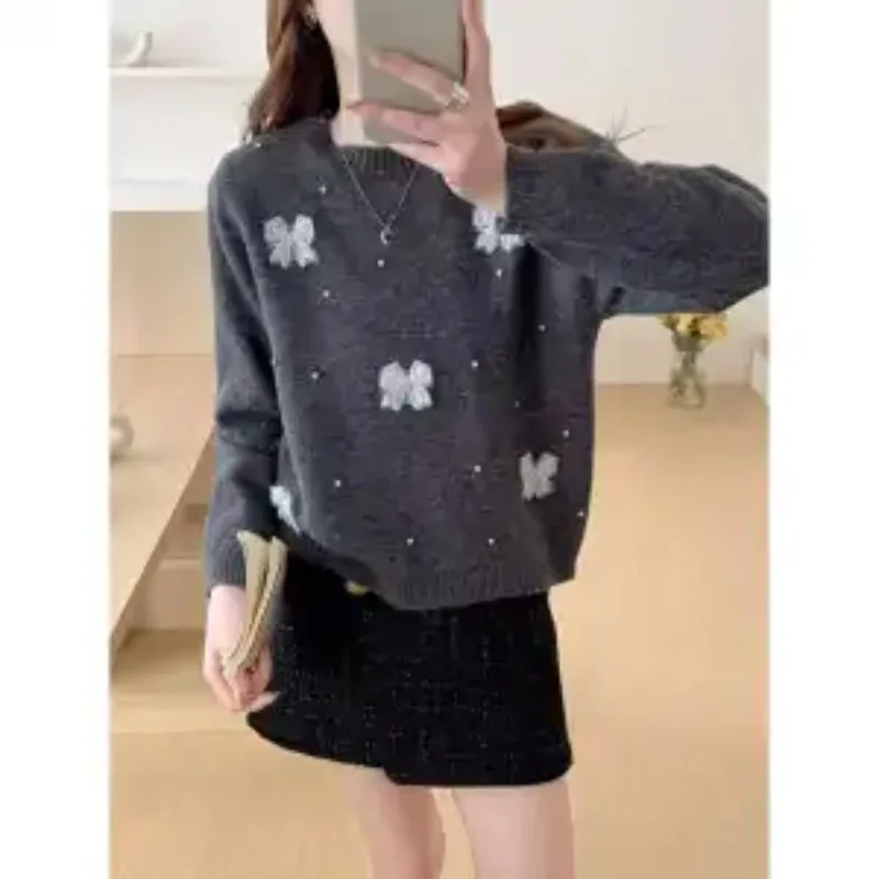 

Bow Beaded Sweet Sweater for Women Autumn Pullover Bottoming Sweater Top