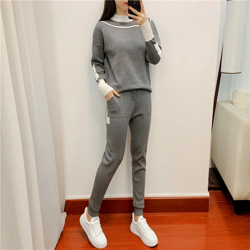 2023 New Autumn Winter Knitted Tracksuit Sweatshirts Fashion Women Suit clothing 2 Piece set Knit pant Female Pants suit