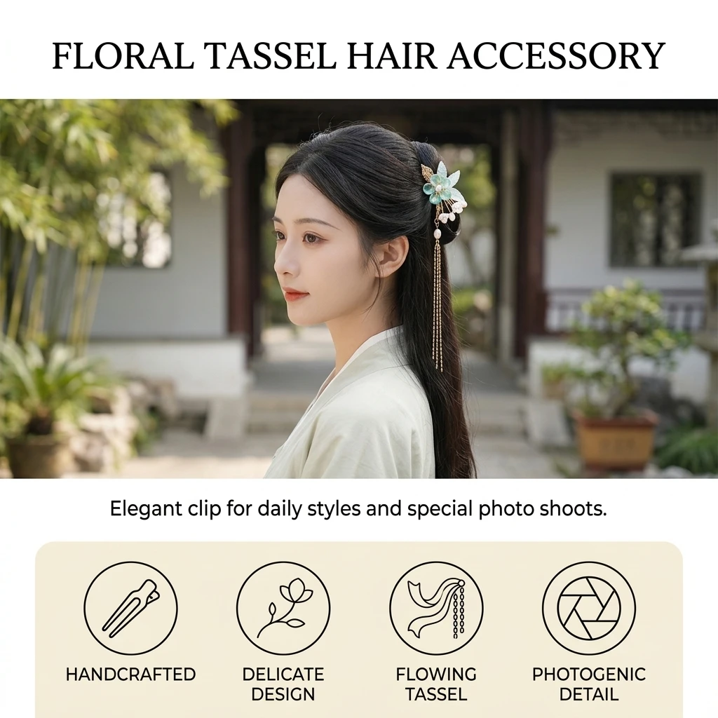 Secure Hair Clip Elegant for Hanfu Cosplay Green Flower Tassel Barrette Vintage Chinese Style Alloy Side Hair Accessory