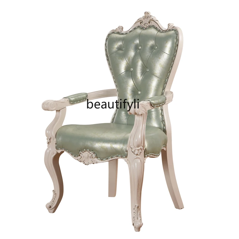 

European solid wood first layer real cowhide dining chair American ivory white carved study armchair