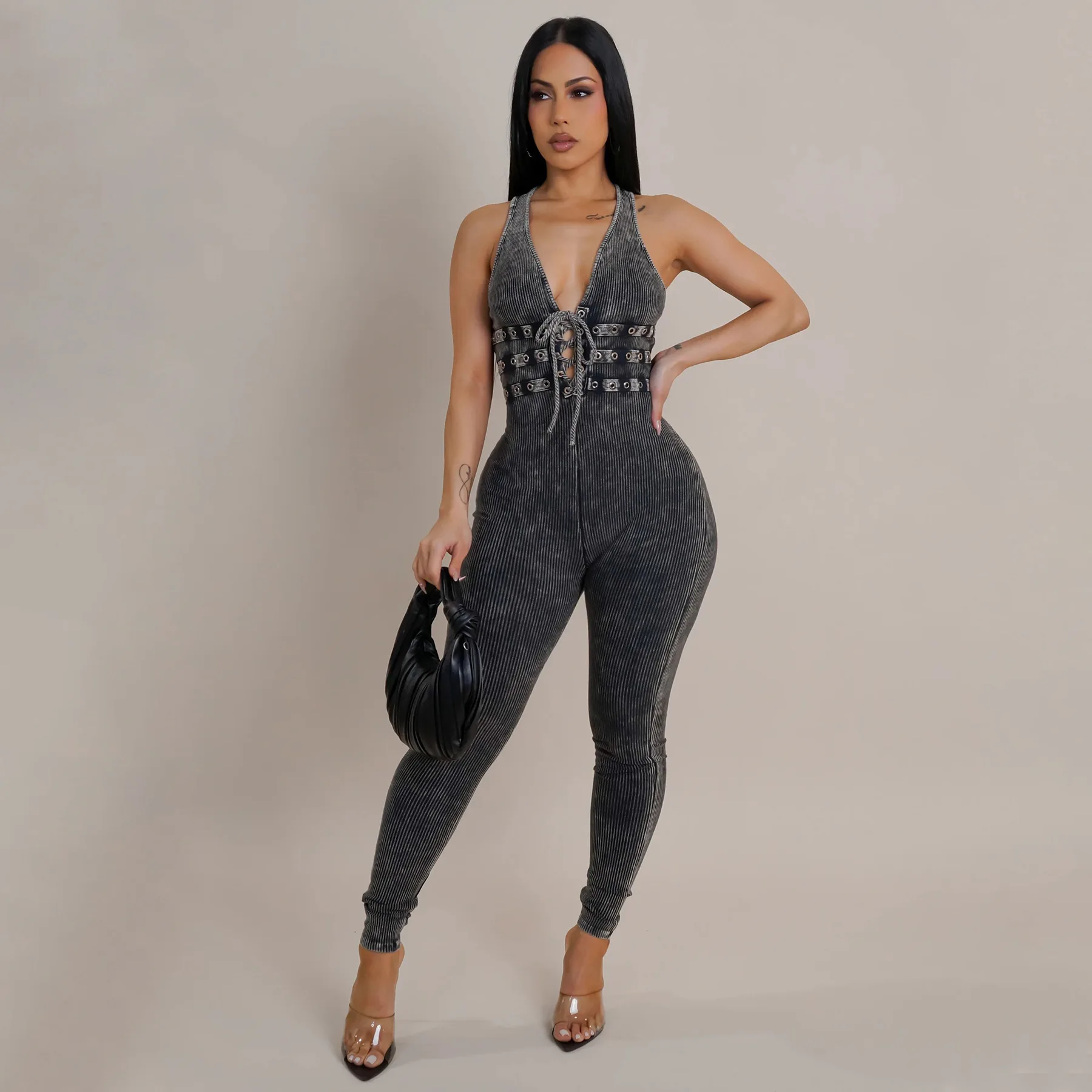 

Сексуальные потертые вязаные облегающие комбинезоны в рубчик, женские однотонные комбинезоны без рукавов с глубоким шнуровкой и v-образным вырезом, повседневные уличные комбинезоны