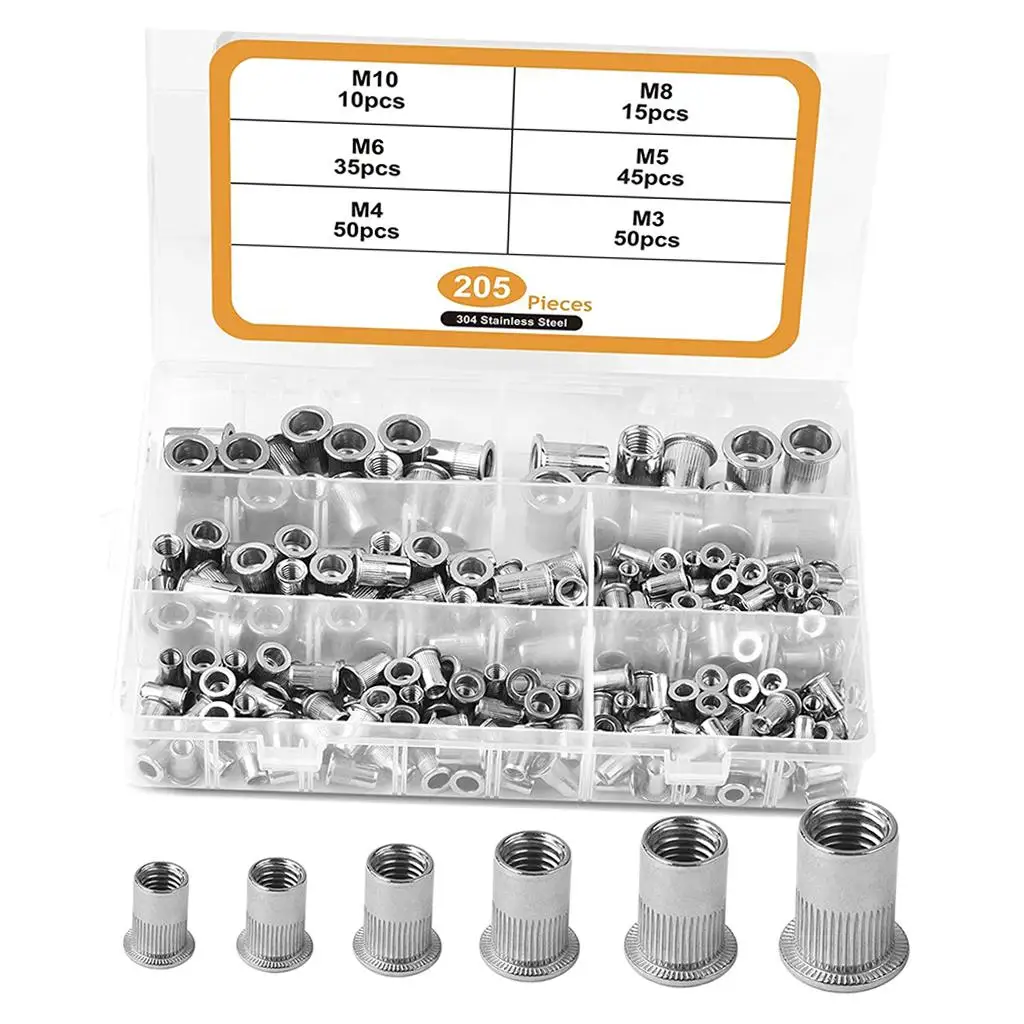 Head Rivet Nuts Set 205pc Metric M3 to M10 304 Stainless Steel Threaded Rivets for Auto Repair Trailer Maintenance Boat Decking