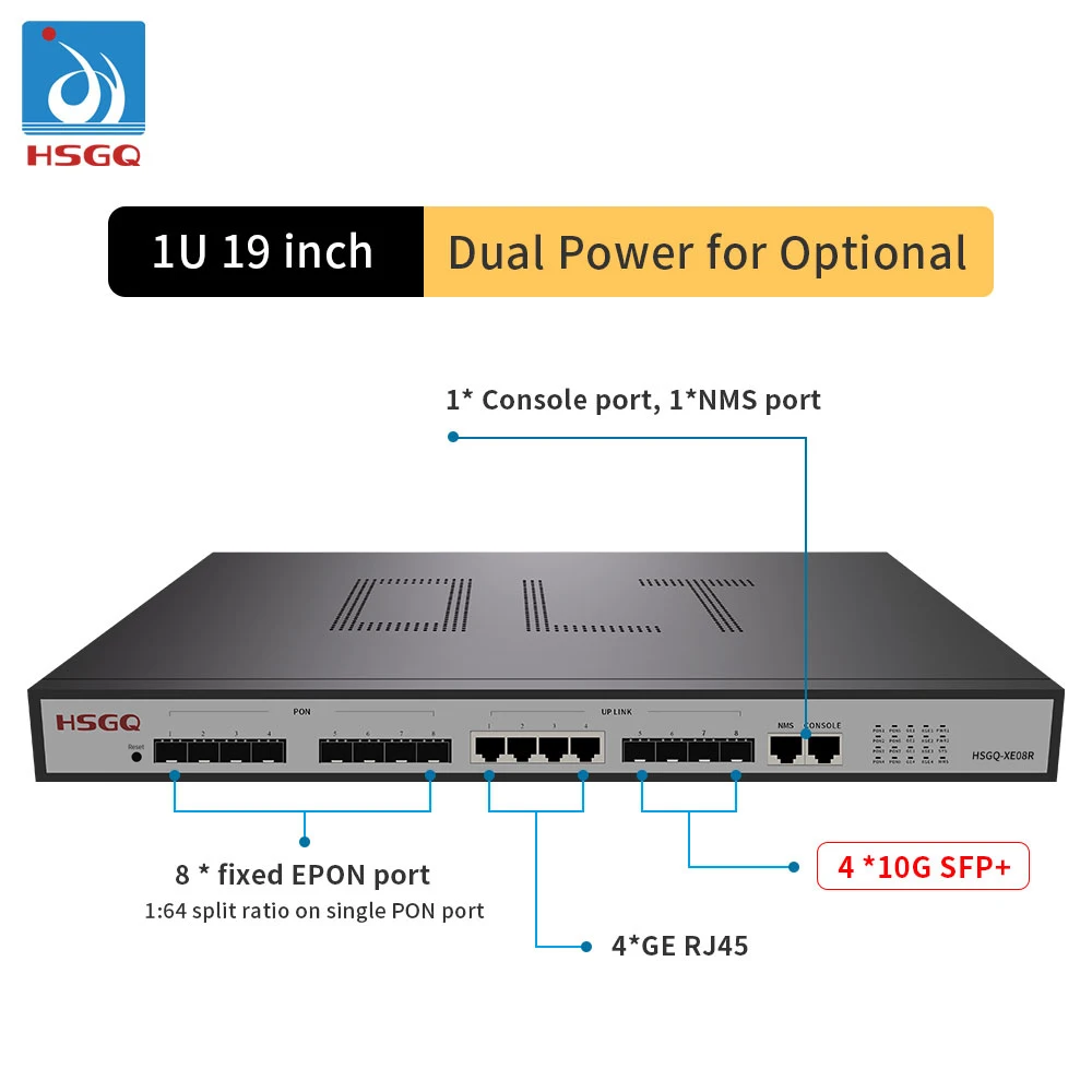 HSGQ-XE08R Triple Play 10G EPON OLT 8 port 1U for FTTH Solution compatible with huawei zte ONU