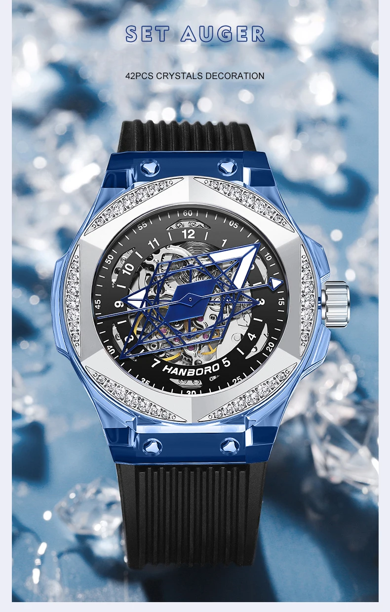 HANBORO, reloj automático para hombre, caja acrílica de 42mm, reloj de pulsera mecánico, resistente al agua, zafiro luminoso, esfera hueca