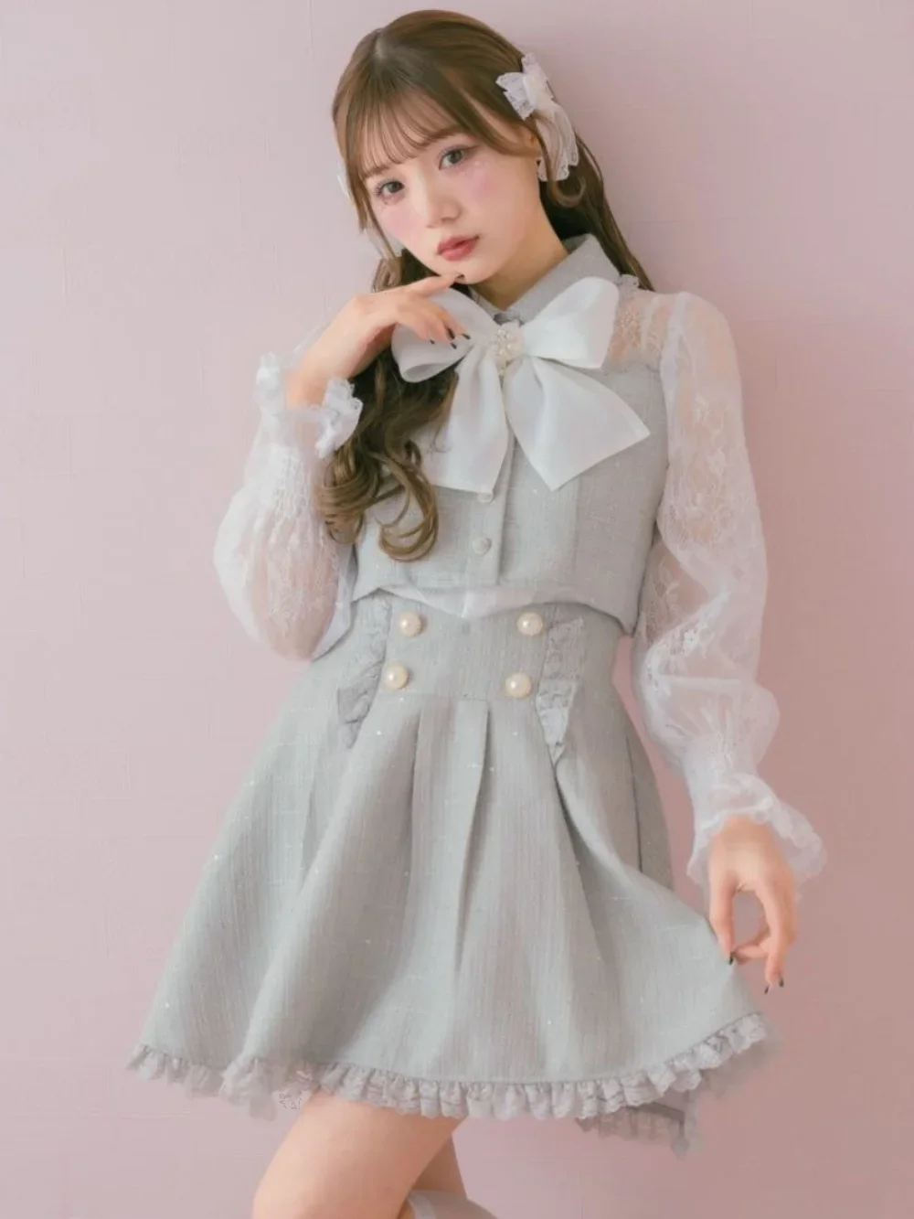 Japanese Lolita Clothing Tweed Fake Two-piece Blouse Top Lace Splicing Summer Season New Small Flying Sleeves Thin Shirt Jacket