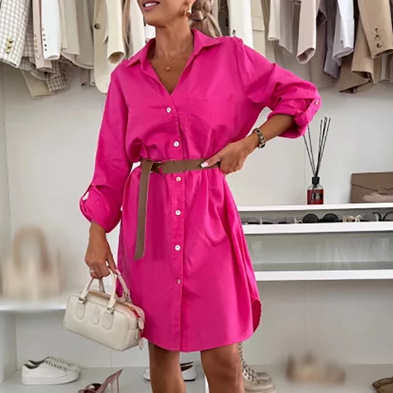 Robe chemise élégante à revers pour femmes, simple boutonnage, décontractée, manches longues avec ceinture, robe courte de soirée, coupe à la mode, couleur unie, Streetwear