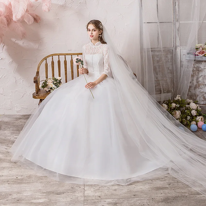 Elegant Princess Floor-length Plus Size Women Bride Ball Gowns Stand-up Collar Wedding Party Dress Evening Dresses for Women