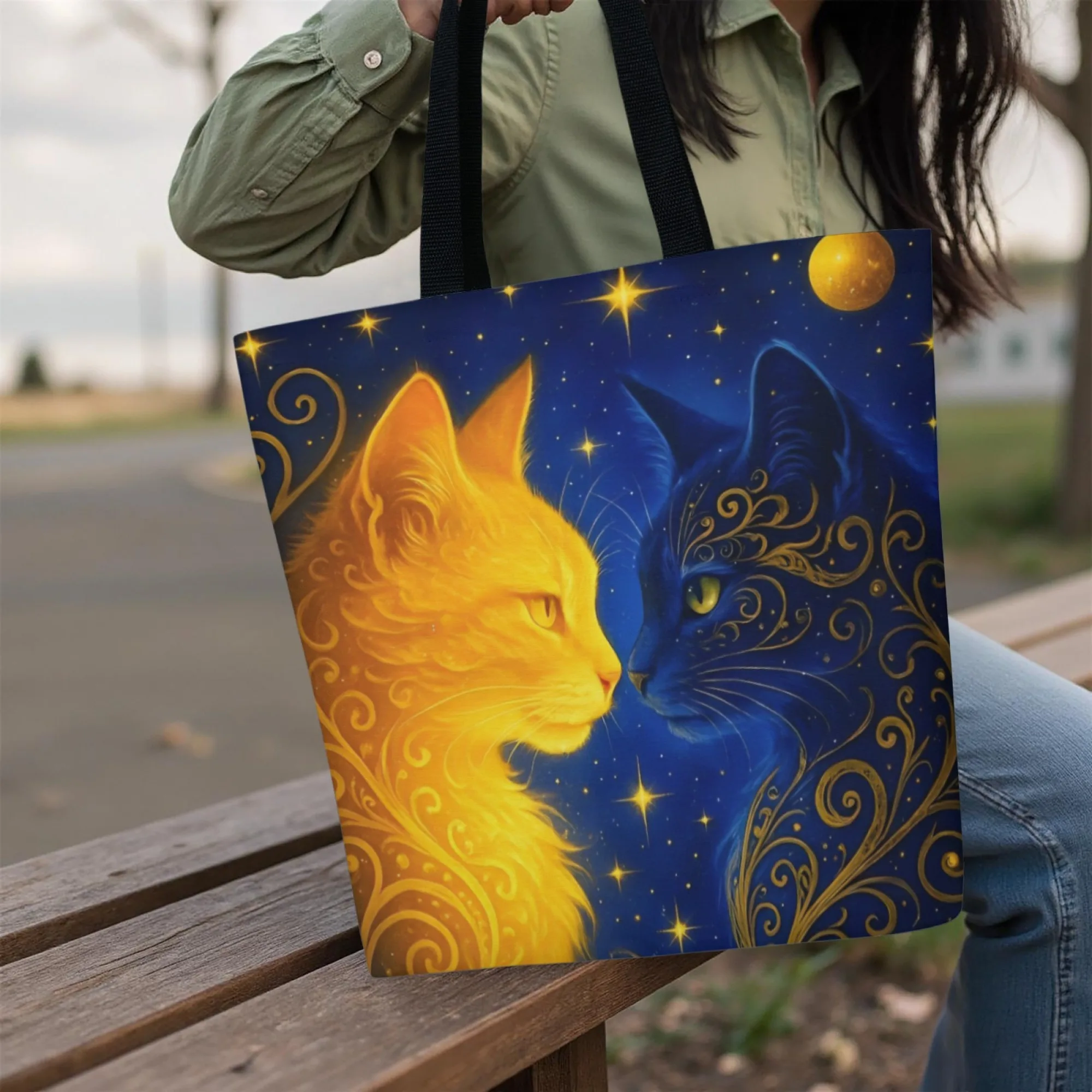 Fantasy Starry Sky Yellow Blue Gold Striped Cat Women's Canvas Tote Bag Durable Eco Canvas Cute Healing Pet Style Shopping Bag