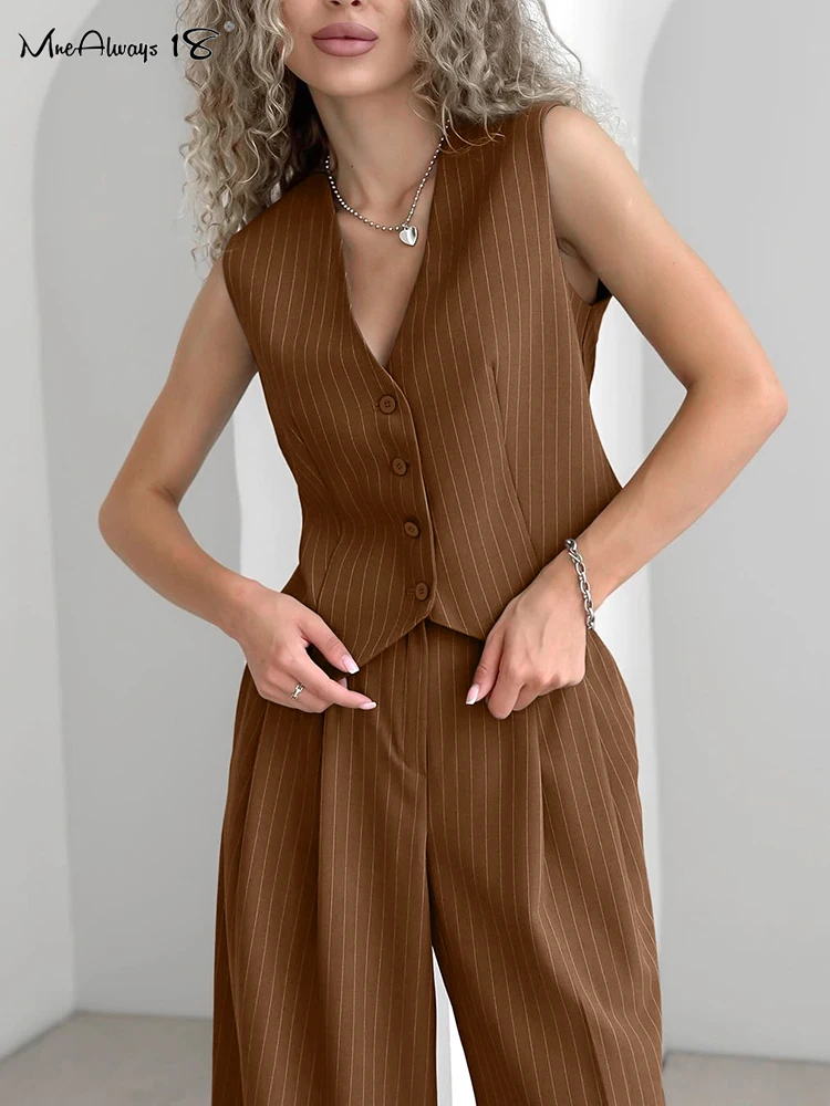 Mnealways18 Vintage Brown Stripe Pants Suits Office Ladies Vest Tops And Pleated Trousers Spring Summer 2024 Solid Casual Sets