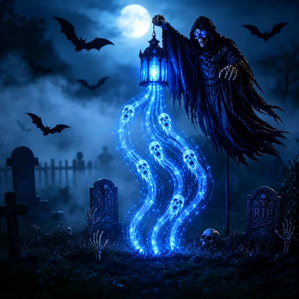 Spooky Grim Reaper Light Plastic Blue Glowing Skull Stake Classic Ghost Lantern Light Festive Outdoor Yard Lawn Decor Ornament
