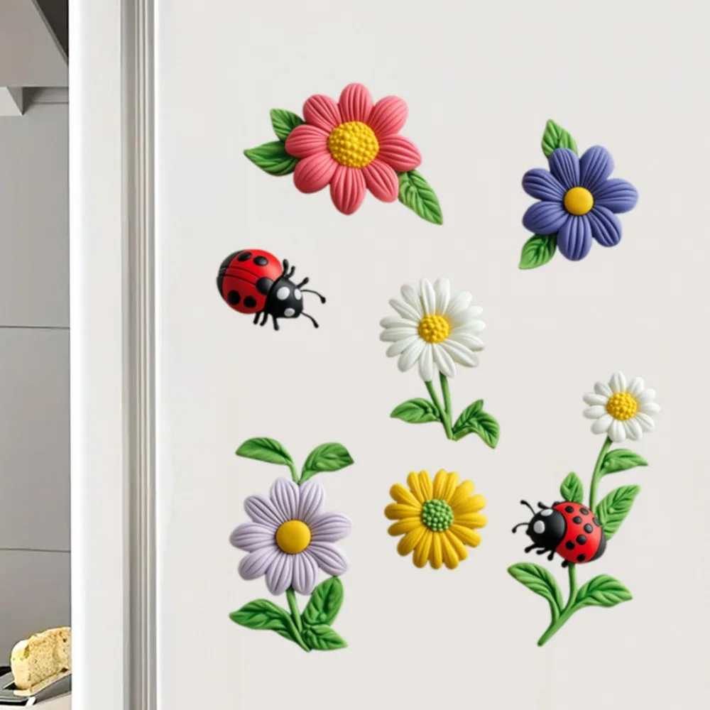 3D Flower Ladybug Refrigerator Magnet Cartoon Kitchen Office Decor Self Adhesive Removable Backing for Fridge Locker Whiteboard