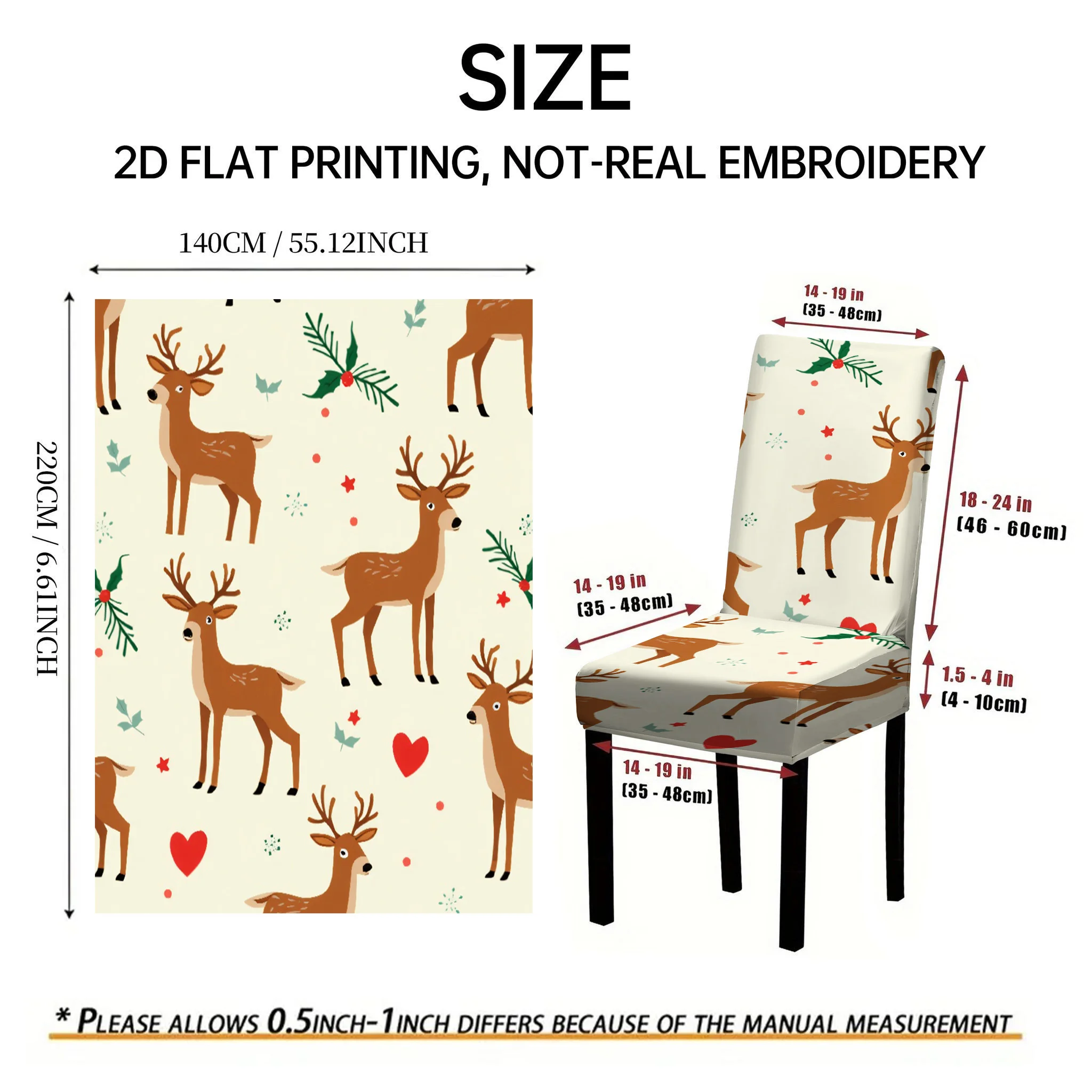 2/4/6 PCS Cute Christmas Reindeer Pattern Elastic Dining Chair Covers, 2D Flat Printed Christmas Decoration Chair Covers