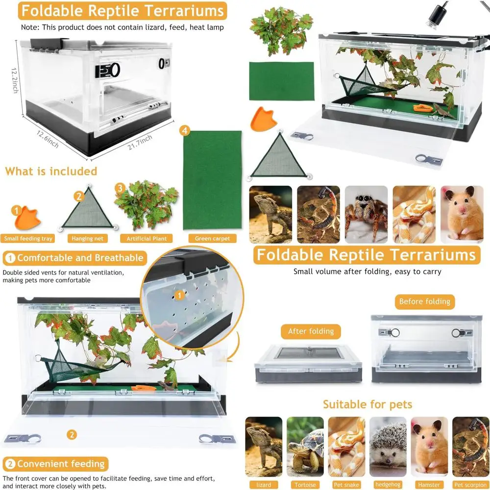 

Portable Foldable Terrarium Kits for Reptiles - Heat Resistant, Easy Mobility with Wheels, Includes Plants, Feeding Bowl, Carpet