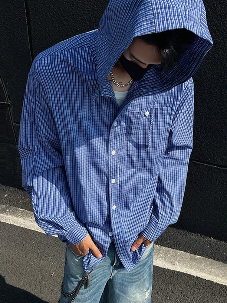 

Синяя клетчатая рубашка с длинным рукавом и капюшоном для мужчин, весенне-летняя, с защитой от солнца, стильная верхняя одежда Cleanfit