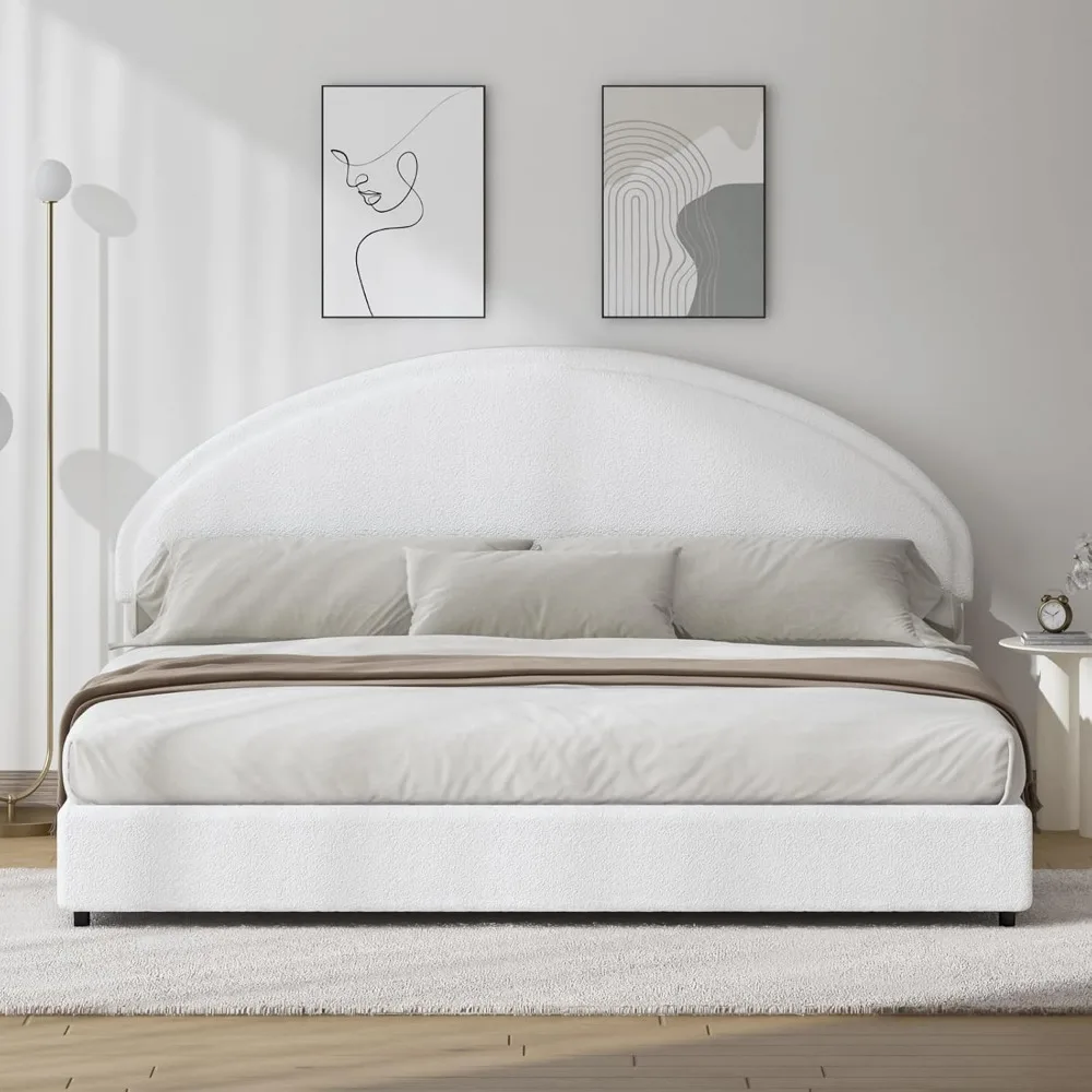 Estructura de cama extra grande con plataforma acolchada suave, estilo moderno, cabecero circular arqueado