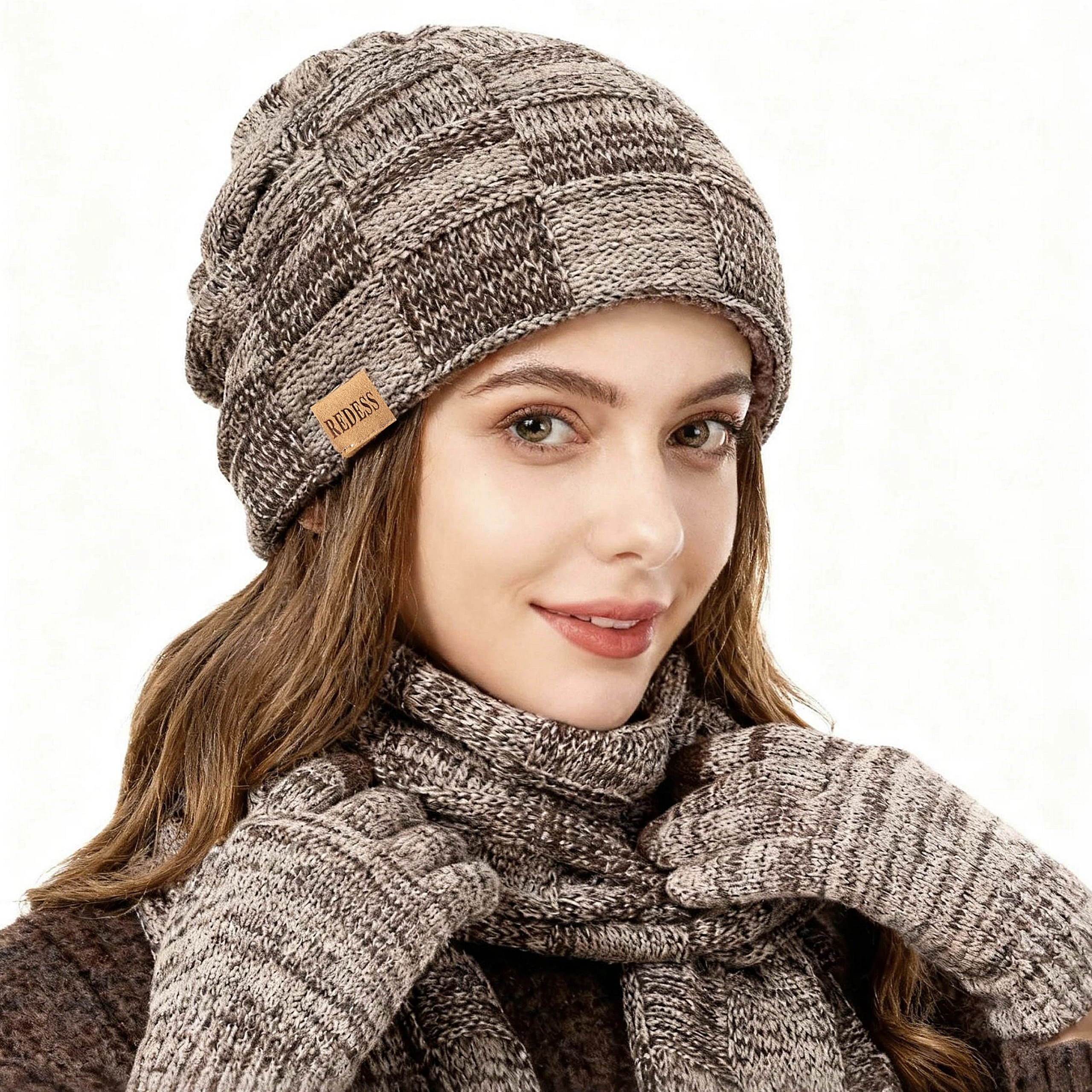 أوشحة رأس شتوية فضفاضة للرجال والنساء، أوشحة طويلة محبوكة، قفازات تعمل باللمس، صندوق هدايا ثلاثة في واحد، ناعم ومقاوم للرياح