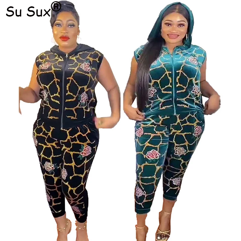 Velvet Hooded Zipper Sleeveless 2 Piece Set Women Outfits 2023 Spring Summer Casual Sequins Slim Pant Sets Vestidos Tracksuit