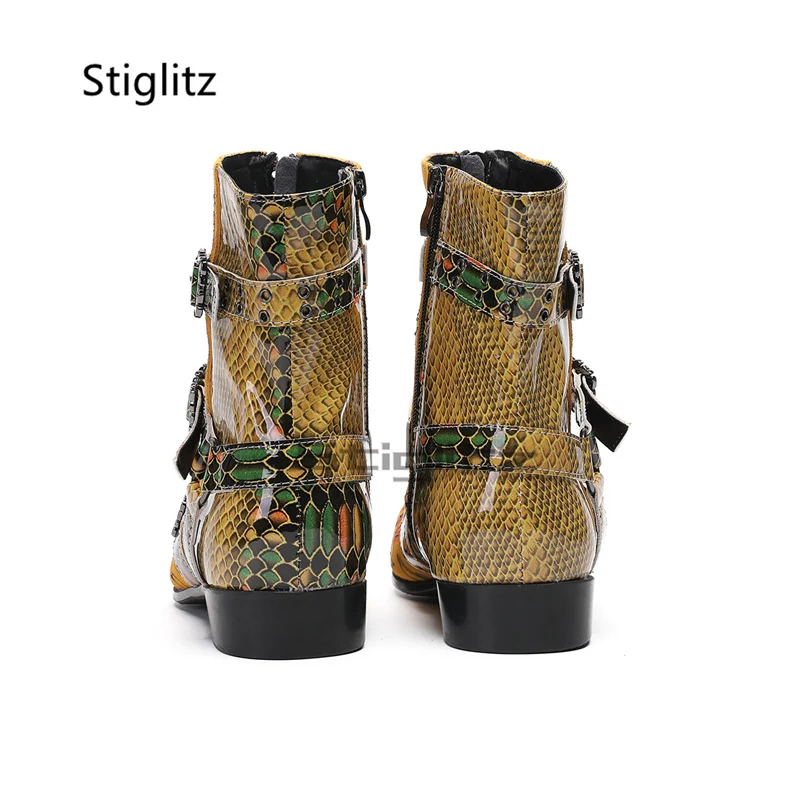 الأصفر الكتابة على الجدران يطبع تشيلسي الأحذية للرجال المعادن أشار تو جلد الغزال المرقعة الأحذية حزام مشبك حذاء من الجلد الذكور الأحذية #5