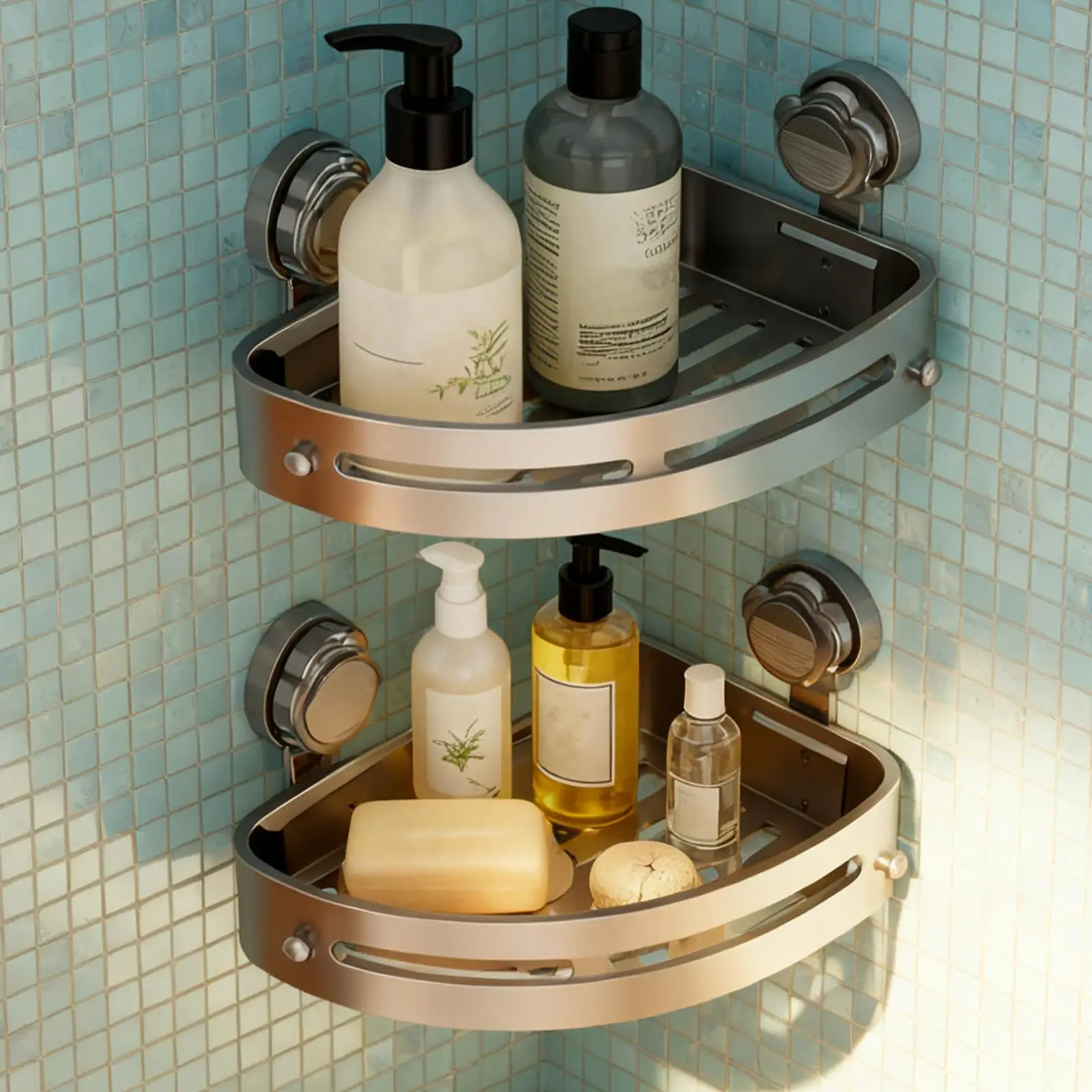 

Угловая полка для душа, 2 шт., без сверления, для хранения, сильные всасывающие полки для душа, угловая полка для шампуня, губки, мыла, мытья тела