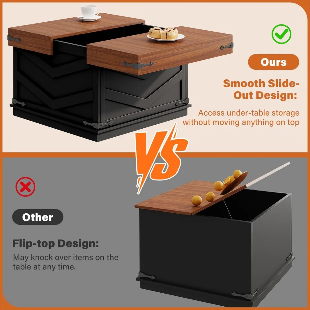 Table basse relevable de 31,5 pouces avec centre carré coulissant et grand rangement caché