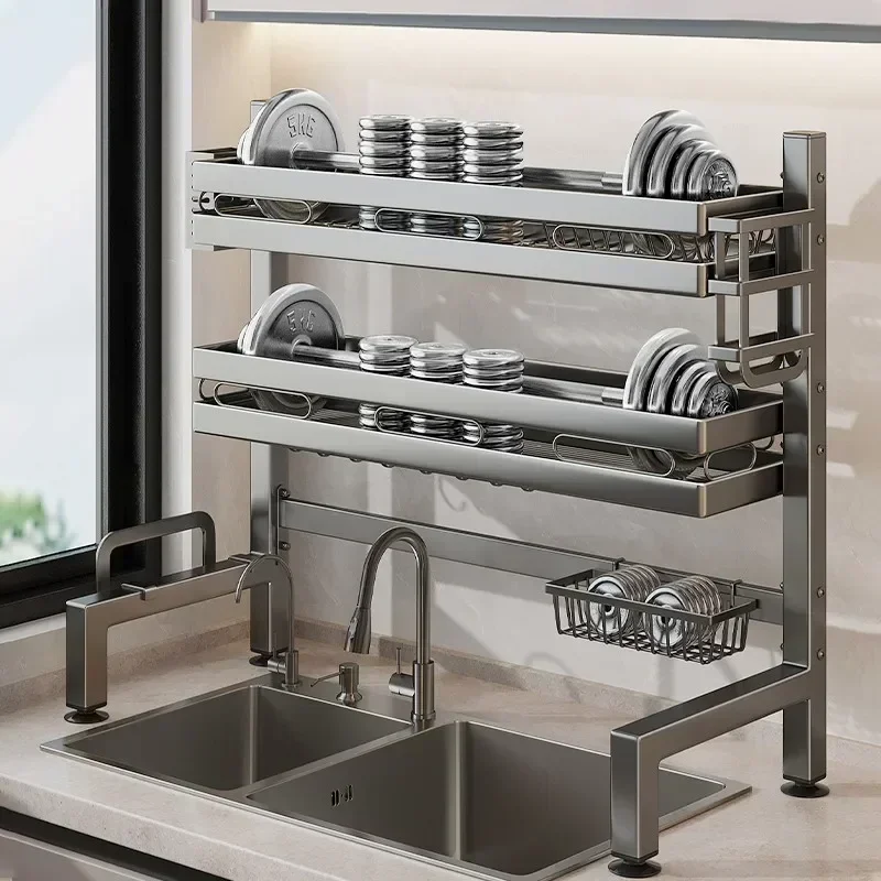 Multifunctional Dish Drainer Kitchen Sink Dishwashing Rack Double Layers Carbon Steel Storage Shelf Breathable Cutler Organizer view 4