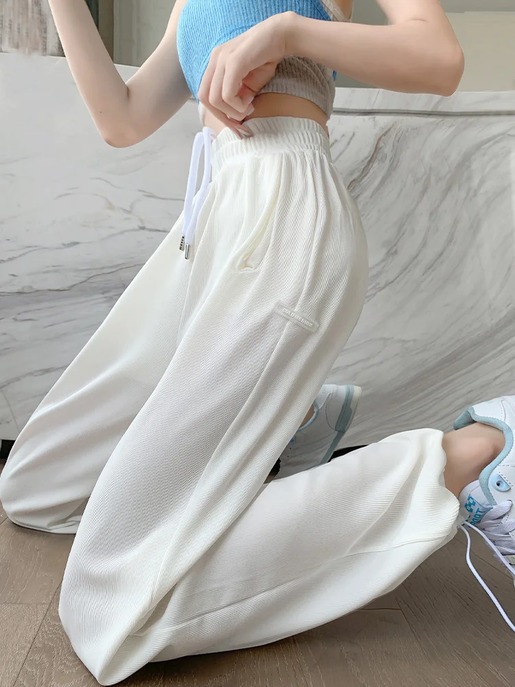 

Белые женские спортивные брюки из ледяного шелка, летние, тонкие, свободные, с манжетами, повседневные, прохладные, с защитой от насекомых и солнца