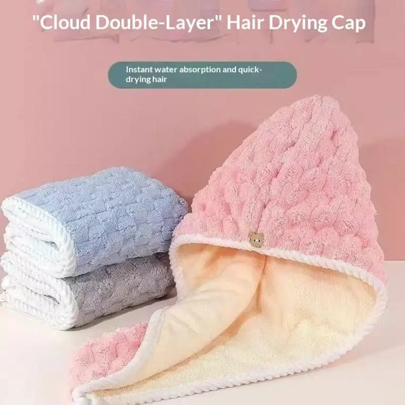 Double Thick Dry Hair Towel Double Sides Use Dry Hair Cap Multi-color Strong Absorbent Rippled Edge Thick Quick Drying Bath Hat