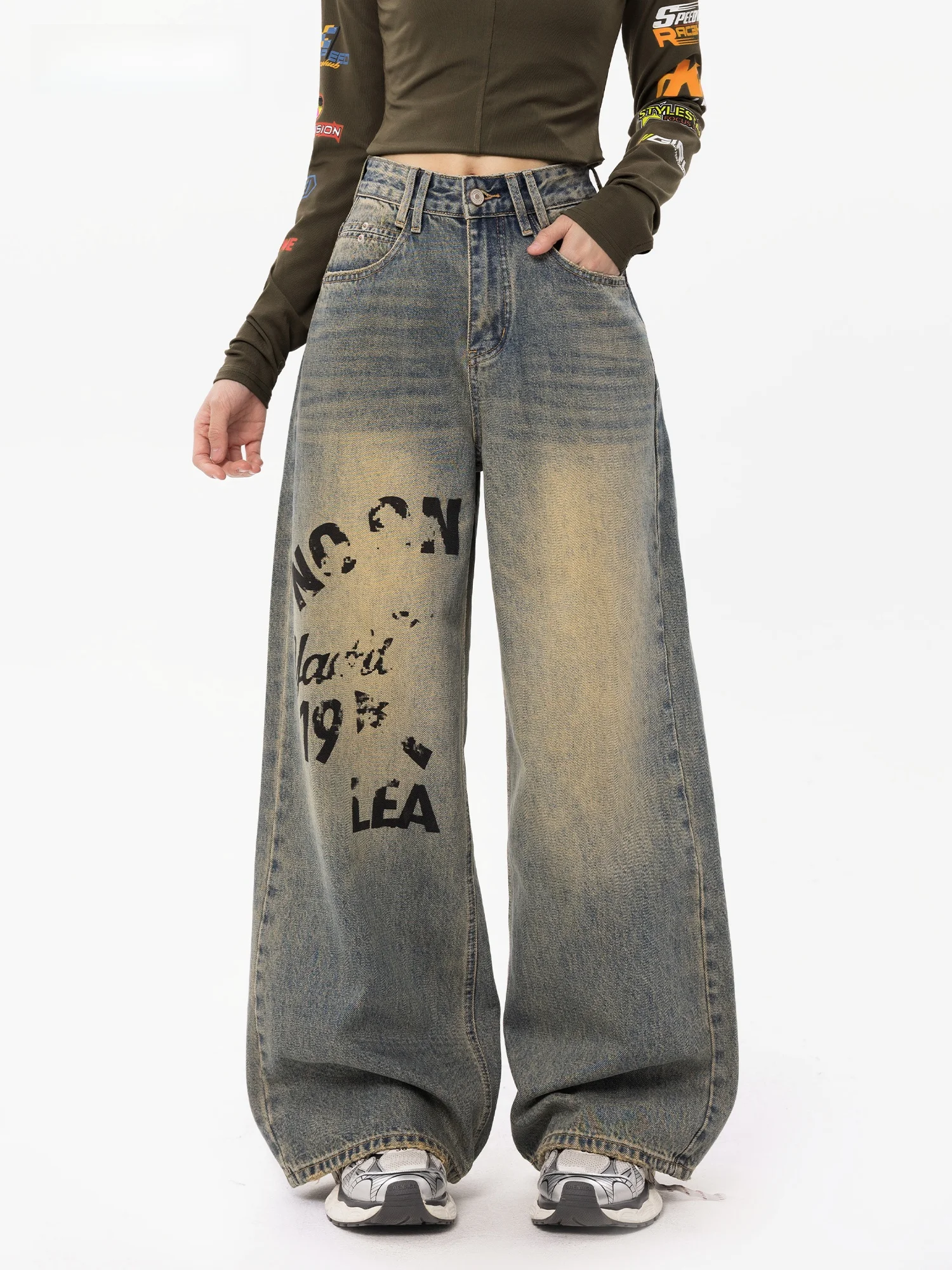 

Retro Waed Straight Leg Jeans Women's Loose Fit Faionable Vintage Slim Wide Leg Floor Length Pants Casual Sle