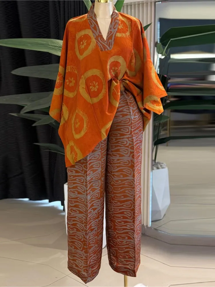 Fashionable 2-piece Printed V-neck Bat-sleeved High-waisted Straight Pants Suit Casual Commuting Daily Vacation Two-pieces Set