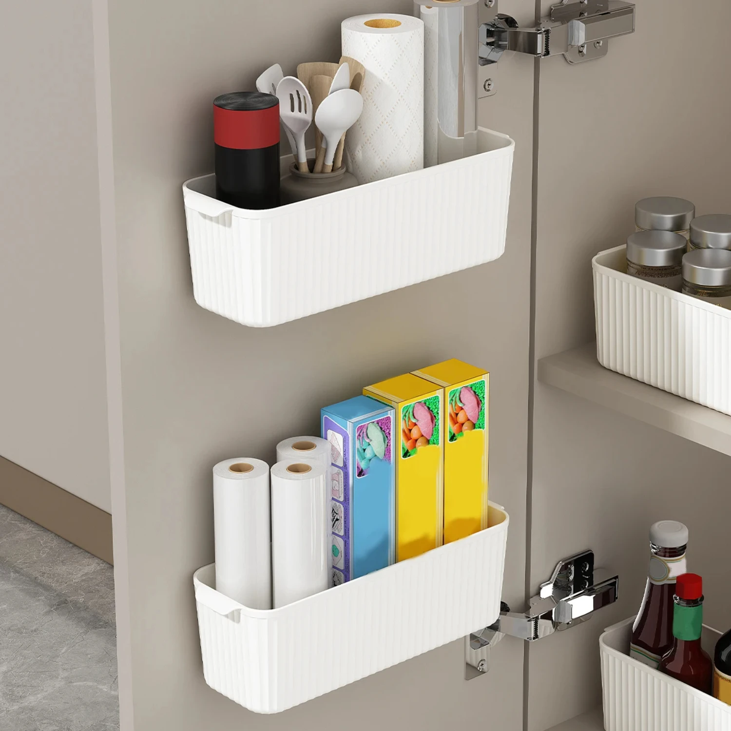 Self Adhesive Wall Mounted Plastic Organizer Shelf Cabinet Door Rack Holder for Kitchen Accessories - Punch Free