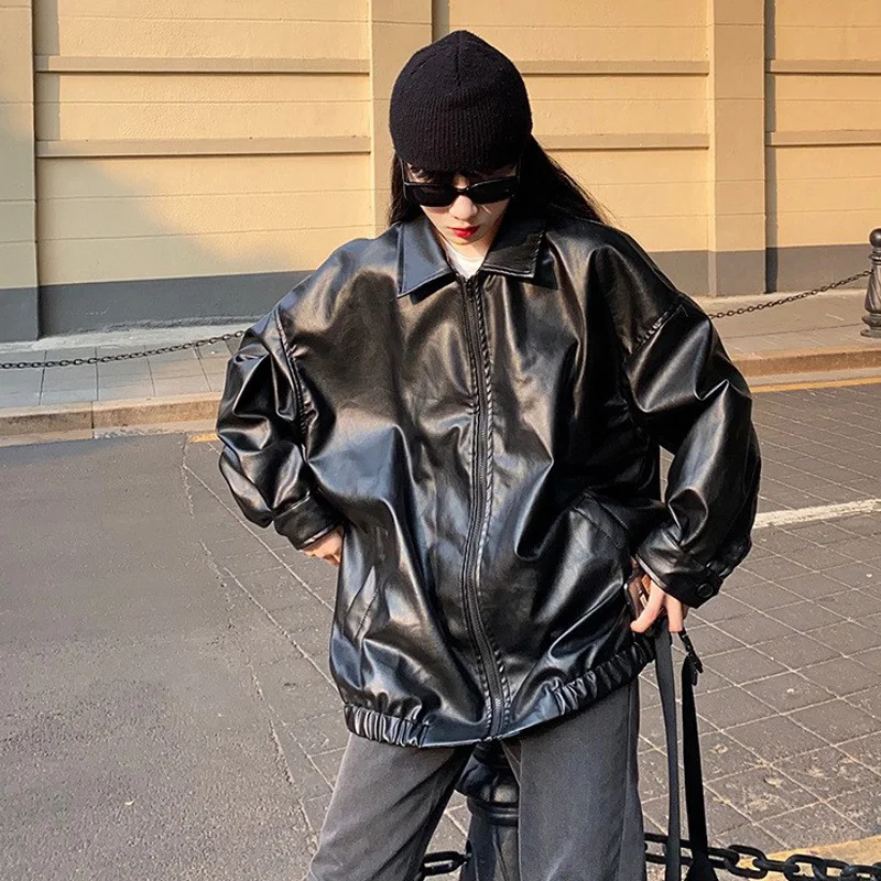 

Women's Leather Motor Biker Jacket Spring Autumn Zipper Korean Style Streetwear Female Long Sleeve Harajuku Loose Outerwear