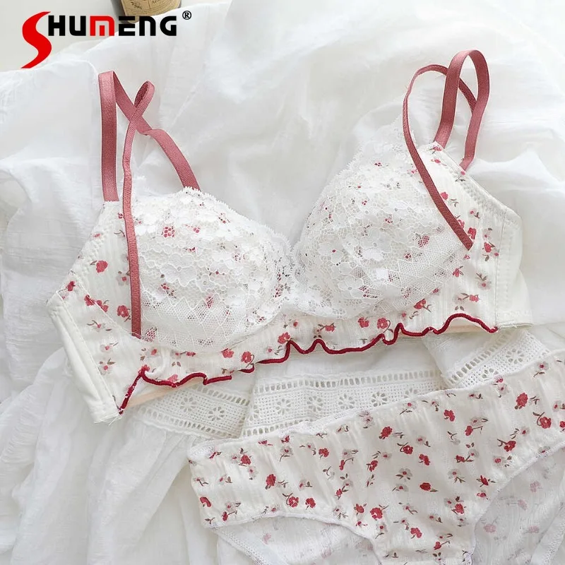 

Japanese Style Sweet Pure Desire Intimates Women Sexy Lace Small Chest Bra Set Push Up Wireless Underwear Suits for Girls