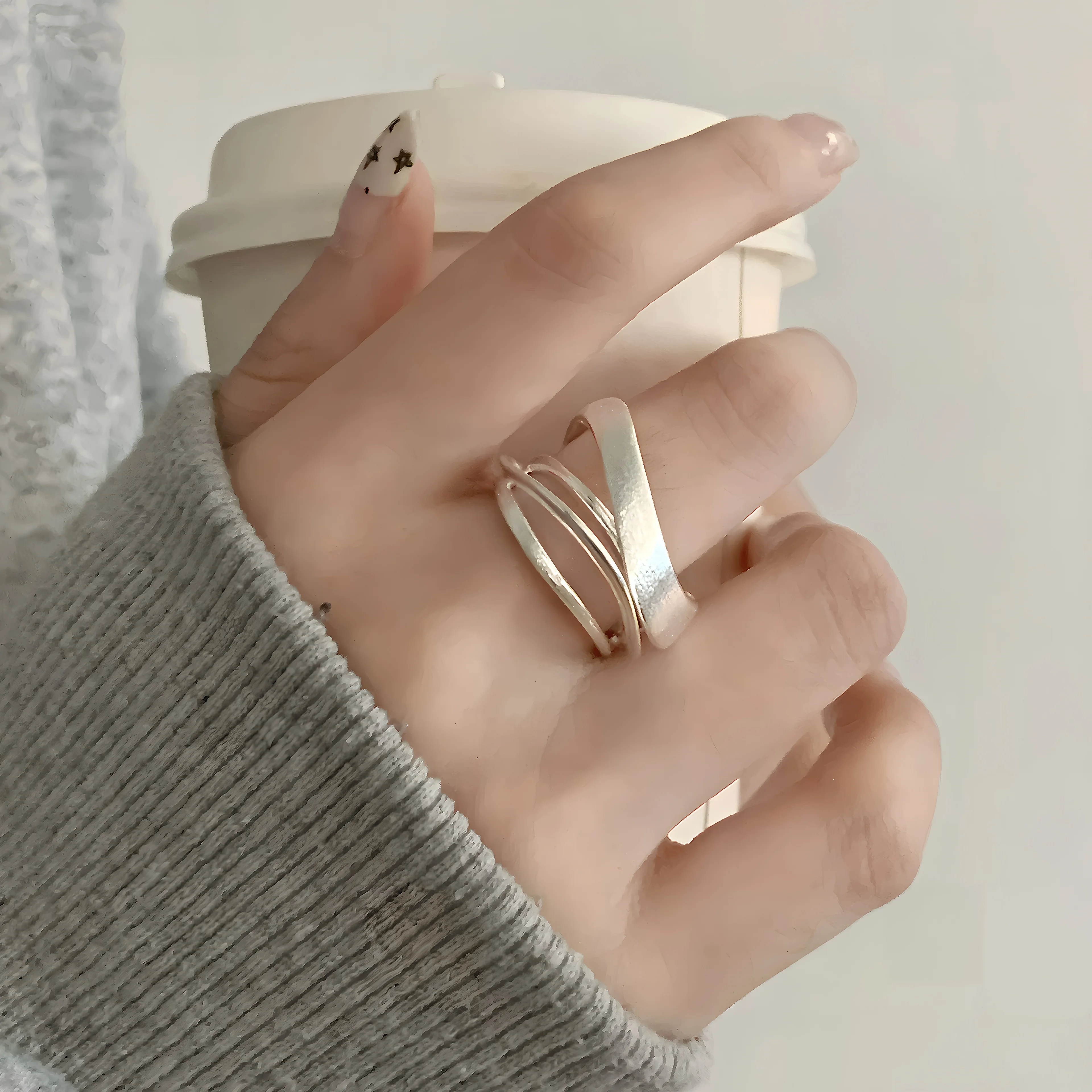 PANJBJ 925 Sterling Silver Multi Layer Matte Ring for Women Wide Punk 3 Lines Rock Office Irregular Jewelry Party Gift Dropship