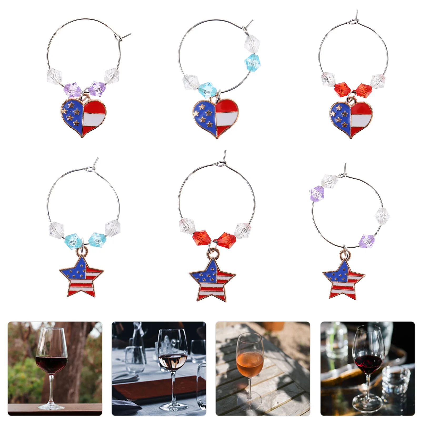 

6pcs Heart Star Shaped Wine Glass Party Cup Charms Metal Drink Markers Reusable Premium Identify Label for Wine