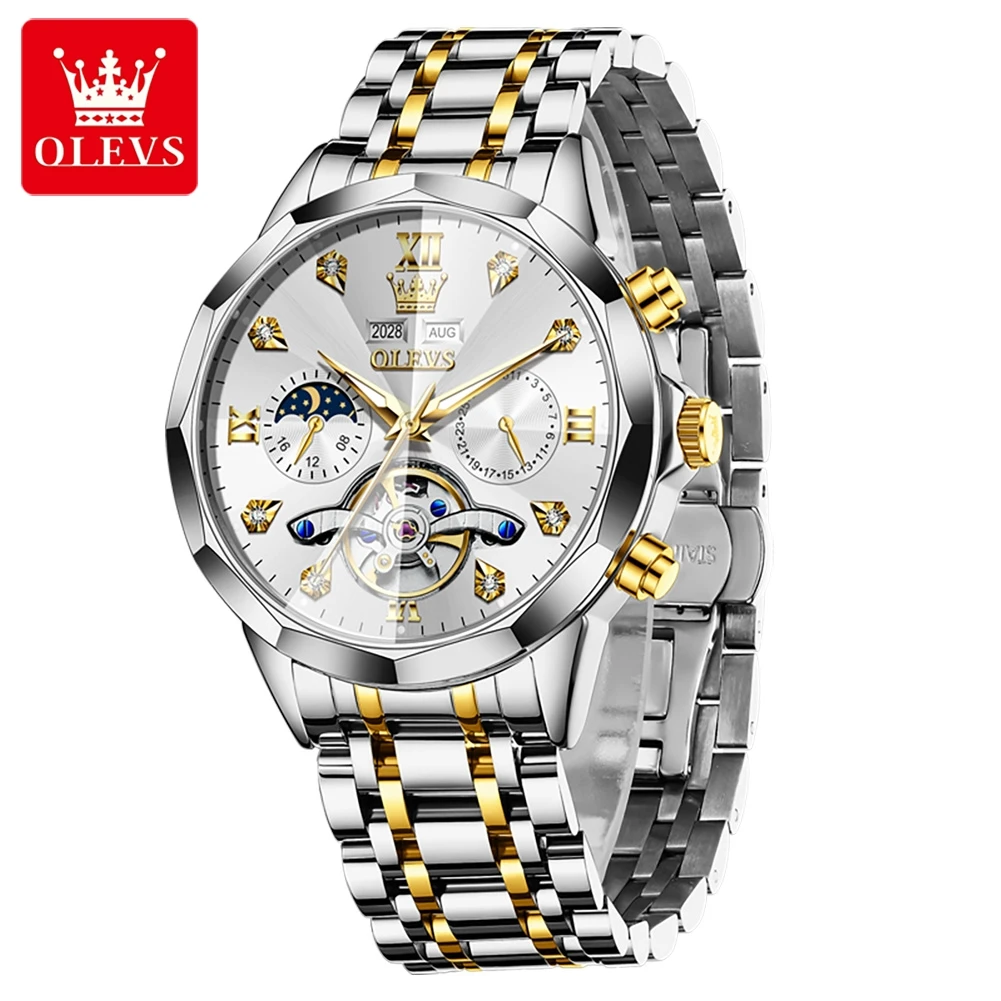 OLEVS 6621 Original Men's Watches Calendar Moon Phase Flywheel Hollow Stainless Steel Automatic Mechanical Wristwatches for Man