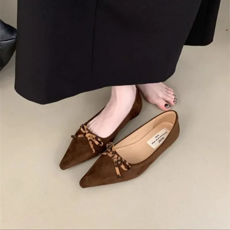 

Новые весенние туфли на плоской подошве, женские замшевые туфли с острым носком и узлом-бабочкой, мягкая подошва, противоскользящие износостойкие одинарные туфли
