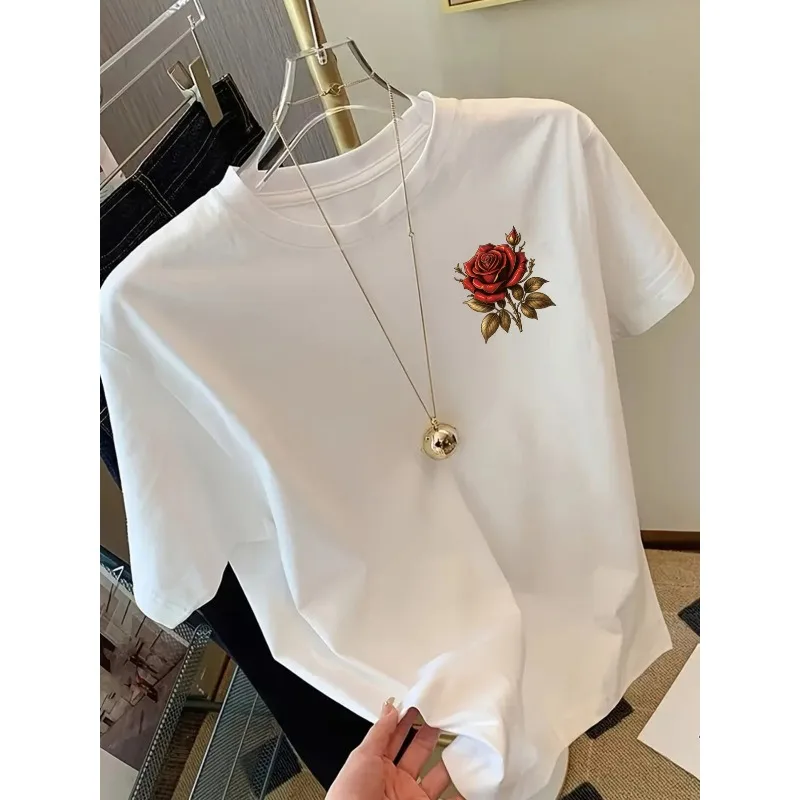 تي شيرت مطبوع من الأمام والخلف مع نمط الأزهار الوردية للنساء برقبة دائرية كاجوال موضة Y2K قطن هاراجوكو بأكمام قصيرة #2