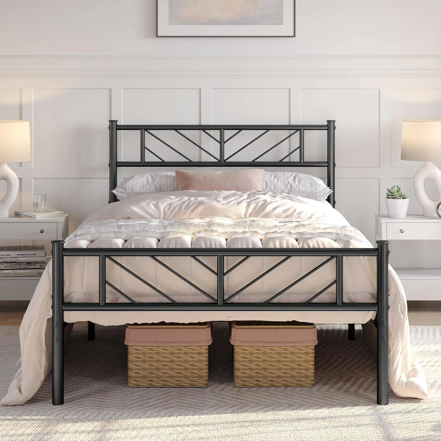 Double Sided Bed Frame com Seta Design Cabeceira, Metal Colchão Base, fácil de montar, preto, 13"