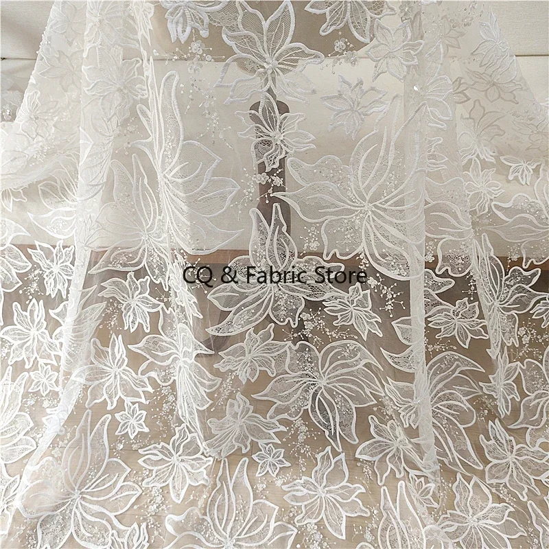High-grade Floral Sequin Bead Embroidery Flower Lace Fabric Wedding Dress Bride Veil Sewing Fabric Designer Fabric