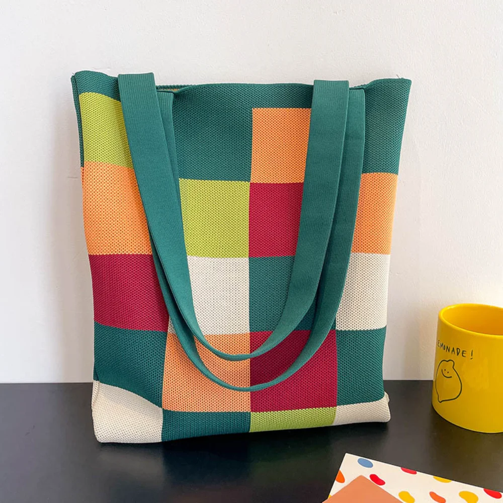 Borsa a scacchiera arcobaleno Borsa a secchiello in lana lavorata a mano da donna Borsa tote casual giapponese Borse per la spesa riutilizzabili